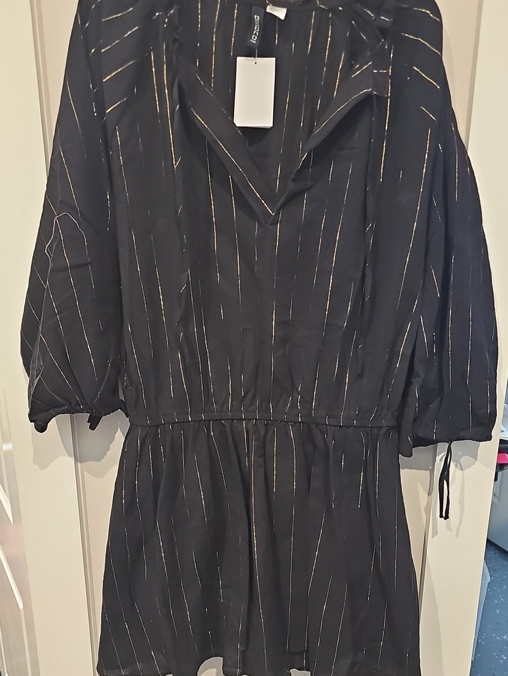 Divided Black Mini Dress with Metallic Gold Pinstripes